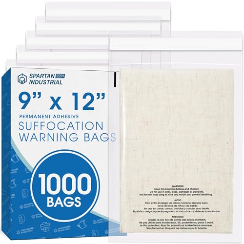 Spartan Industrial - 9 X 12 (1000 Count) Self Seal Clear Poly Bags with Suffocation Warning for Packaging T Shirts - Permanent Adhesive