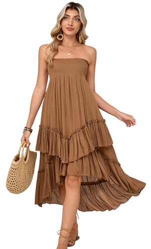 Women 2025 Summer Casual Elastic Waist Dress Backless Strapless Tiered Ruffle A Line Flowy Swing Beach Dress2