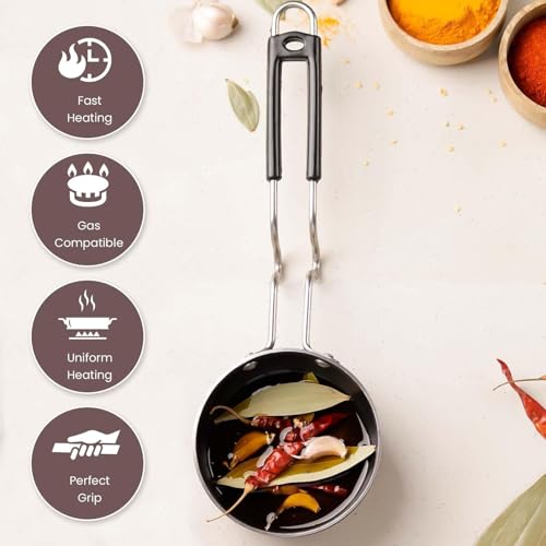 Image of Hard Anodised Tadka Pan, 11 cm Diameter, Stainless Steel Riveted Handle, 3mm Thick Plate, Vaghar /Chounk /Baghar Pan for Frying Dal /Spices, Gas Oven Compatible, Scratch Resistant