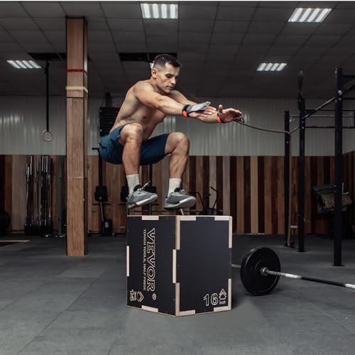 VEVOR 3-in-1-Plyometrische Sprungbox 16/14/12-Zoll-Plyobox, Sprungkasten Sprungkiste 204 kg Tragfähigkeit, Fitnessübungs-Step-Up-Box für Heimtraining, Sprungkrafttraining Schwarz Einstellbare Höhe