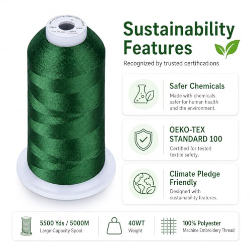 Image of Simthread 5000M 40WT Polyester Embroidery Thread, Holly Green S041 | 5000M 40WT polyester thread feeds smoothly for machine embroidery, monograms, logos, patches and quilting.