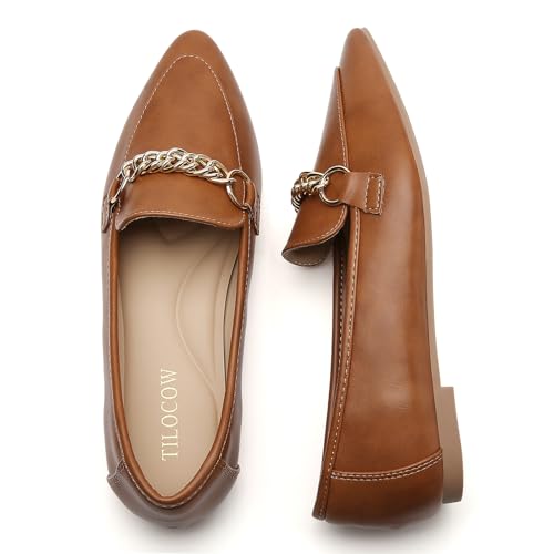 Image of Tilocow Metal Chain Loafers for Women Pointed Toe Slip on Flats Comfortable Fashion Work Shoes