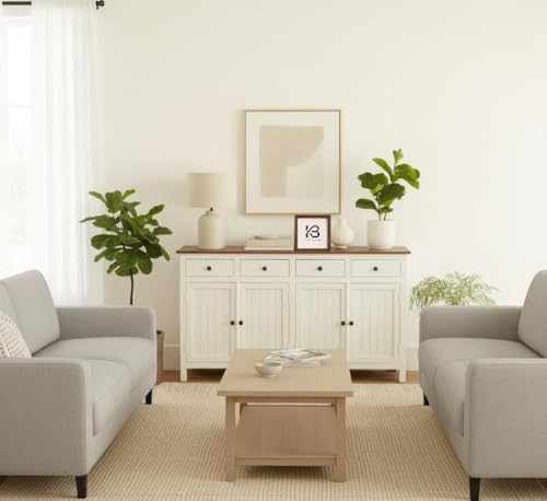 Image of Solid Wood Madrid (L) Sideboard for Living Room | Kitchen Storage Cabinet | Crockery Storage Unit | Storage Cabinet (Finish- Natural and Premium Pearl White Distressed Edge)