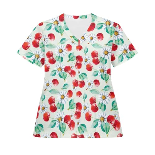 JoyLamoria Scrubs for Women Scrub Tops with Pockets Short Sleeve V Neck Medical Uniforms for Pediatric Clinic Medical Staff Cherry Floral Print