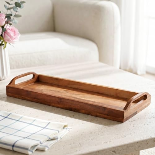 Image of Nestasia Wooden Serving Tray with Handles (41x16cm) - Acacia Wood Rectangular Brown Tray for Dining & Coffee Table | Platter for Serving Tea, Cakes, Snacks, Breakfast & Home Decor (Deep Brown)