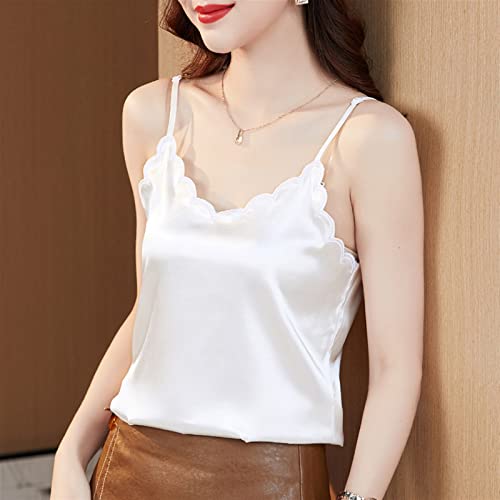 Mujer Halter Top Spring Top Top Sexy Cuello En V Señoras Top Bordado Camisola Tops De Encaje (Color : White, Size : Medium) Cover