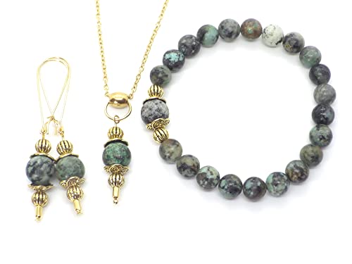 Conjunto de bisutería para mujer estilo vintage de pulsera, collar y pendientes en turquesa verde natural y metal dorado