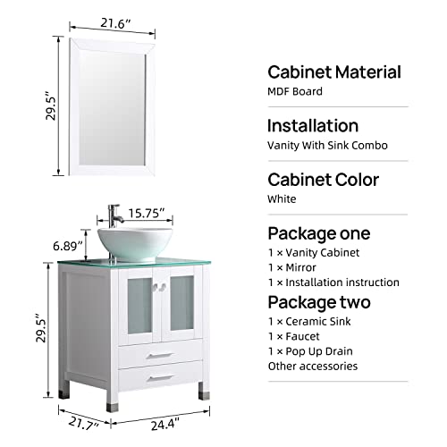Bathjoy 24" Bathroom Vanity Wood Cabinet Ceramic Vessel Sink Combo Countertop Sink Set Faucet Drain W/Mirror #TOP1
