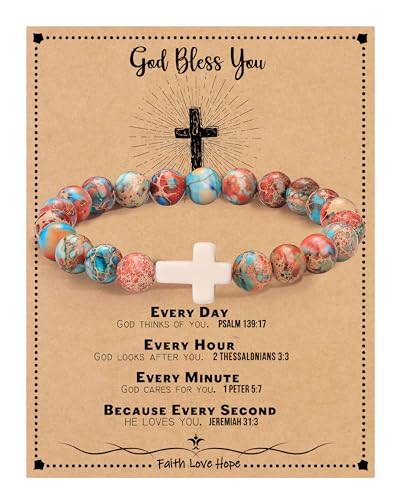 Image of Cross Bracelets for Women, Christian Gifts for Women Stocking Stuffers for Teens Cross Bracelet Imperial Nature Stone Bead Bracelet Confirmation Baptism Gift for Teen Girls Christmas Religious Gift Cathlic Faith Jewelry