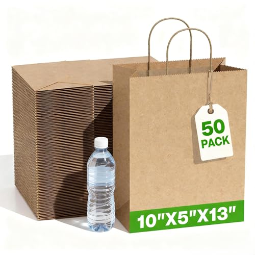 Image of Simple Deluxe Value Pack of 50 Kraft Paper Bags with Handles (10x5x13 Inch) - Made in USA from 90GSM 100% Recycled Paper for Retail, Bulk Savings for Retail, Stores & Gift Packaging
