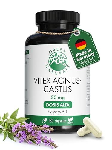 Green Naturals® Vitex Agnus Castus – Alta dosis 20 mg (extracto 5:1 = 100 mg por cápsula) – 100% vegano & sin aditivos – 180 cápsulas (6 meses)