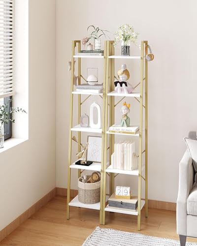 Image of Hzuaneri 5-Tier Ladder Shelf, Narrow Bookshelf, Corner Storage Shelves, Freestanding Bookcase with 2 Hooks for Home Office, Living Room, Kitchen, Bedroom, Industrial, White Gold BC03213G