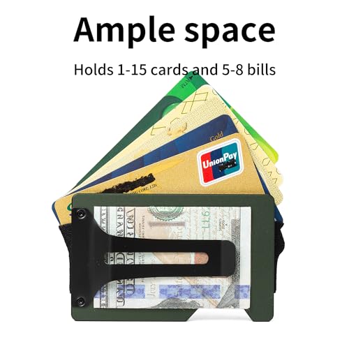Image of Minimalist Wallet for Men, Slim Metal RFID Blocking Wallet Credit Card Holder Money Clip & Cash Strap, Scratch-Resistant Holds 15 Cards,Ideal Gift for Men | Matte Green