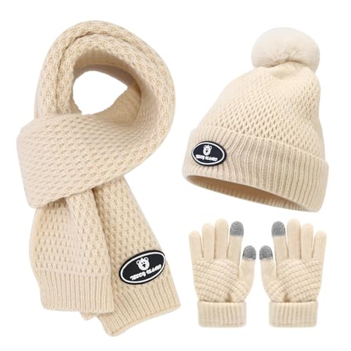 Little Girls Boys Winter Warm Beanie with Pom Pom Fleece Lined Hat Beanies Gloves Long Scarf Set Beige