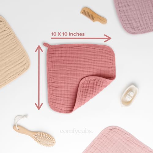 image for Comfy Cubs Muslin Baby Washcloths 10 Pack - Soft 6-Layer Cotton Wash C