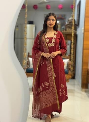 Image of ANNI Designer Women's Rayon Viscose Straight fit Printed Embroidered Kurta with Pant & Dupatta | Ethnic Kurta Set for Women | Daily, Office & Festive Traditional