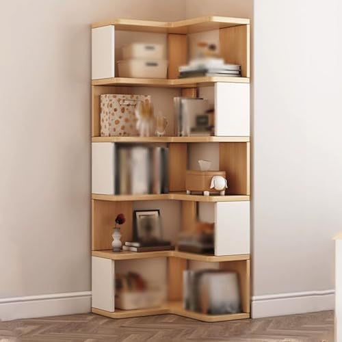 Estantería esquinera de 5 niveles, estante de almacenamiento independiente, exhibición abierta para sala de estar, dormitorio, oficina, estantería de madera rústica