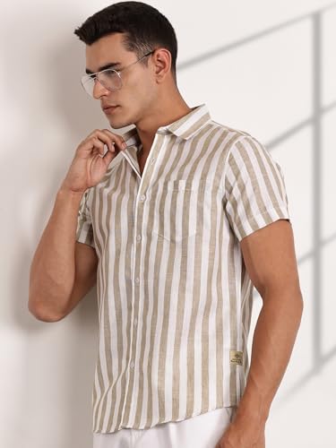 Image of Thomas Scott Men's | Stripes | Half Sleeve | Slim Fit | Linen Blend | Spread Collar | Casual Shirt