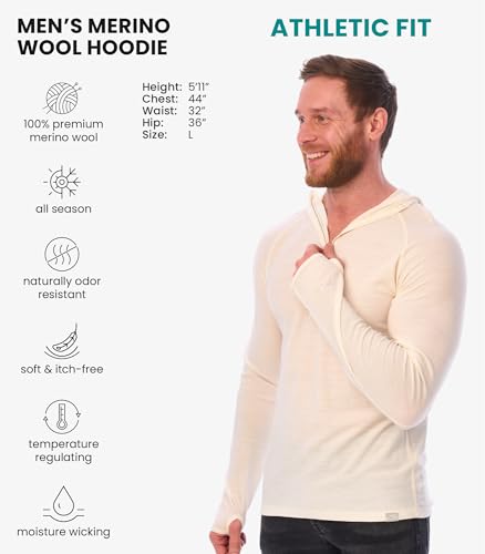 Image of Merino.tech 100% Merino Wool Hoodie Men - Slim Fit Merino Wool Base Layer Mens Half Zip Thermal Long Sleeve Shirt and Socks
