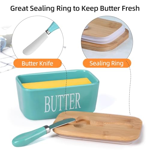 Image of Ceramic Butter Dish with Wooden Lid and Stainless Steel Knife, Large Butter Container Keeper with Bamboo Cover and Silicone Sealing Ring for West and East Coast Butter (Green)