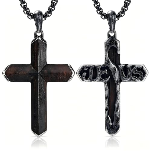 Image of Wooden Cross Necklace for Men with Stainless Steel Adjustable Chain 24-26in, Christian Wood Crucifix Pendant Gift for Him
