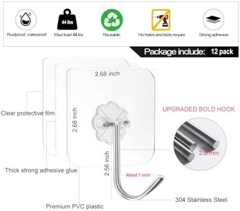 ZESLMG Adhesive Wall Hooks No Damage for Hanging, 12 Pack Large Self Sticky Hooks Heavy Duty 44lb Removable, Clear Hook for Shower Towel Coat Key Picture Wreath Outdoor Bathroom Kitchen, Waterproof - 2