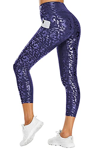 OUYISHANG Workout Capri Leggings for Women with Pockets High Waisted Tummy Control Liquid Shine Athletic Running Capris Length Shiny Yoga Pants Blue M
