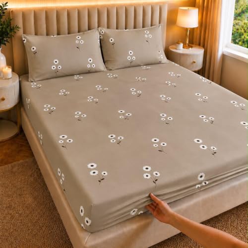 Image of Castiqa Elastic Fitted Supersoft Premium Polycotton 200TC King Size Bedsheets with 2 Pillow Covers | No Slip Bedsheet | (Cream Sm Floral, King (72x78 Upto 10 inch Mattress))