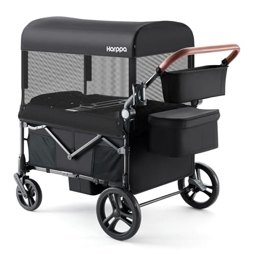 Image of Harppa Remy Wagon Stroller for 4 Kids, Foldable 4-Seater Stroller Wagon with Mosquito Net Canopy,Snack Tray, All-Terrain 11" Wheels, 220Ibs Capacity for Beach,Zoo,Growing Family Outings Toddler Black