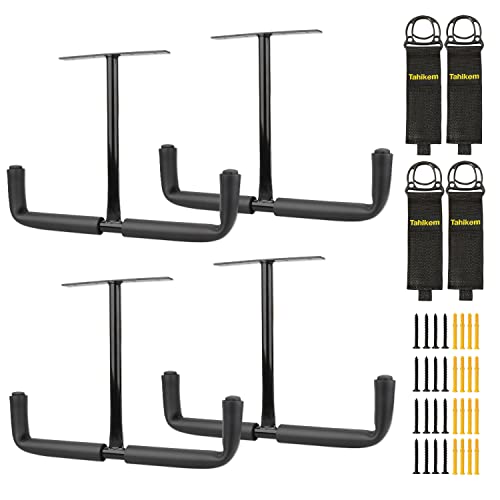 4 Set Overhead Garage Storage Rack, Heavy Duty Overhead Storage Double Hook, Ceiling Hanger Safe Racks, Hanging for Lumber Ladder Storage & Other Bulky Items (Pack of 4 - Black)
