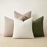 Topfinel Green Boucle Pillow Covers with Linen Cotton Accent Back Contrast Color Neutral Green Modern Earth-Tone Decorative Cushions for Cozy Living Rooms Couch Sofa Textured Design 4-Pack,16×16