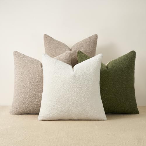 Topfinel Green Boucle Pillow Covers with Linen Cotton Accent Back