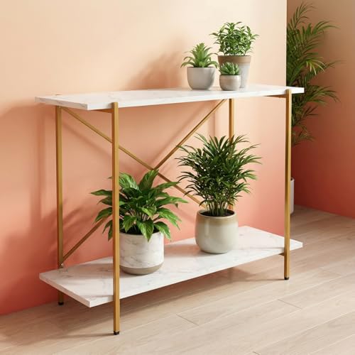 Image of ecofynd Elix Jr Plant Stands for Balcony, Flower Pot Stand for Indoor Plants, 2 Tier Long Wood Planter Stand for Living Room, home decor, Indoor & Outdoor plants (35 inchX9 inchX28 inch, WHTGO, CT002)