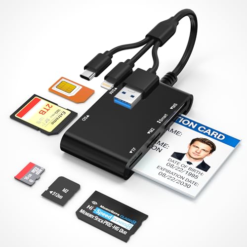 Military CAC & Government PIV Card Reader with USB-C/USB-A/Lightning 7-in-1 CAC/PIV Identity Reader SIM Card Reader SD/TF/Memory Stick Pro Duo/M2/MMC Adapter for iPhone Android Mac iPad Laptop PC