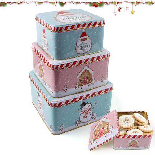 QIANAI 3 Piezas Cajas de Metal Navidad, Caja Lata GalletasNavidad, Cajas de Galletas de Navidad con Tapas, Bote de Galletas de Navideña, Tarros de Navideña para Dulces, Aperitivos (Rosa y azul)