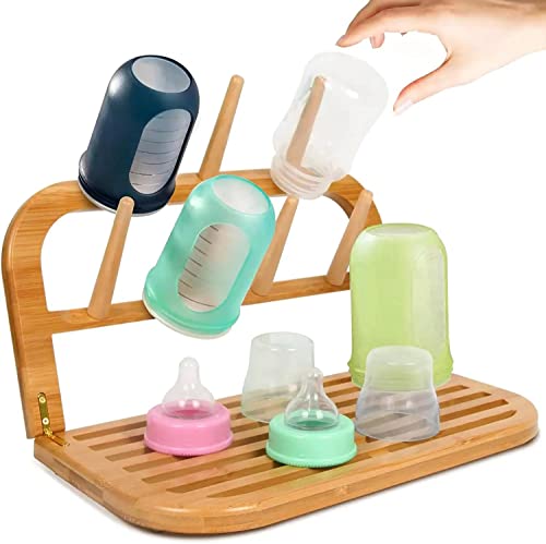Image of Bamboo Baby Bottle Drying Rack Space Saving,Travel Baby Bottle Rack Dryer Holder Portable Countertop Bottle Dryer Rack Organizer,Bamboo Drying Rack for Bottles,Cups,Pacifiers & Accessories, Yellow