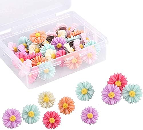 30 Pieces Flower Pushpins Flower Thumb Tacks Decorative Floret Push Pins Colorful Floret Thumbtacks for Photo Wall, Feature Wall, Whiteboard, Cork Board, Map, Bulletin Board, Office or Home