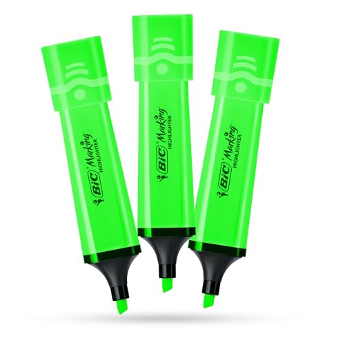 BIC Marking - Paquete de 3 marcadores de plástico con tinta fluorescente verde neón para notas suaves, resaltadores precisos, ideal para la escuela y la oficina