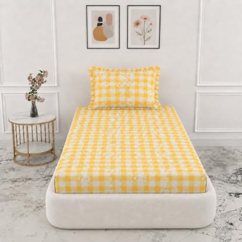 Image of VOMZER Single (36x72) 300 TC Soft Cotton Feel Microfiber All Around Elastic Fitted Single Bedsheet with 1 Frill Pillow Covers | Yellow Check