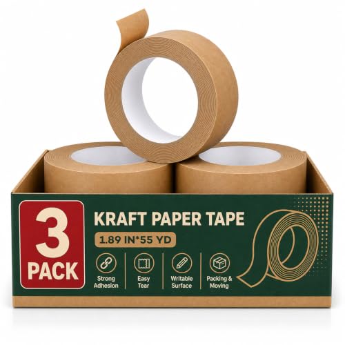3 Pack Heavy Duty Paper Packing Tape,2 Inch Wide (1.89 in x 55 Yds),Eco Friendly &amp; Biodegradable, Writable &amp; Uncoated Brown Packing Tape Great for Packaging, Shipping, and Moving