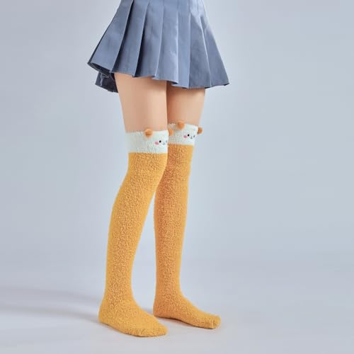 Image of Thigh High Fuzzy Socks Cute Animal Coral Fleece Over the Knee Thigh High Long Stockings Warm Stripe