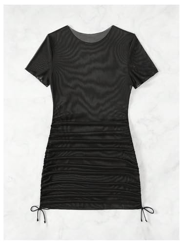 Women's Drawstring Ruched Swimsuit Coverup Short Sleeve Sheer Mesh Beach Dress Bathing Suit Cover Up 6