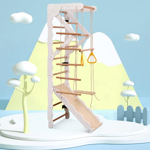 Struttura da arrampicata in legno per interni per bambini con scivolo, altalena, scala per arrampicarsi, barra per trazioni, anelli - Set da palestra per bambini dai 3 anni in su