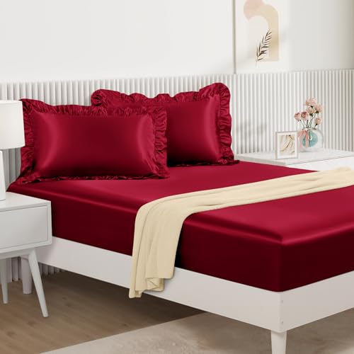 Image of Homiest Burgundy Queen Ruffle Pillowcase & Satin Fitted Sheet Set 3Pcs | Silky Satin Protects Hair And Skin, 15-Inch Deep Pocket, Pearlescent Rich Vintage Warmth, Easy Machine Wash Care
