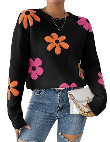 Libsorge Womens Cute Flower Sweaters Casual Loose Lightweight Ribbed Knit Crewneck Color Block Long Sleeve Pullover Sweater Fall 2024 Black M