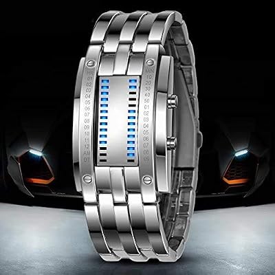 MASTOPBinary Watch for Men Blue LED Digital Rectangular Stainless Steel Classic Creative Fashion Black electroplated Watch (Silver)