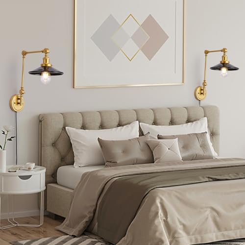 Image of Swing Arm Wall Lamp Plug In, Set of 2 Modern Gold Cordless Wall Sconce For Bedroom Bedside, Living room, Study, Vintage Reading Wall Mount Light Fixtures, Warm Brass Finish Decor, Black, 2 Pack