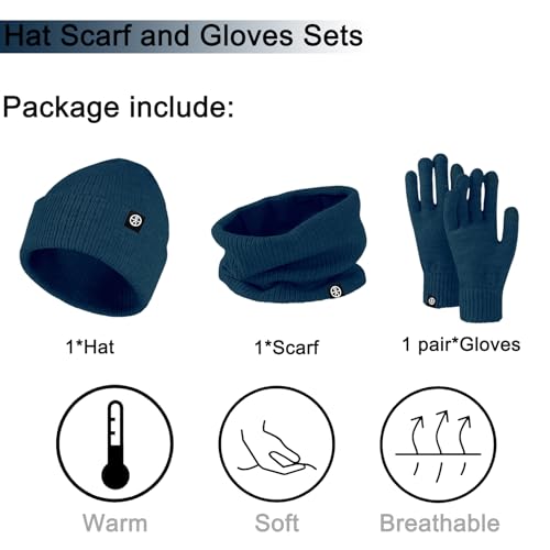 Baynetin Mütze Schal & Handschuh-Sets 3in1 Unisex BeanieMütze Touchscreen Handschuhe und Loop Schal Set mit Weiches Fleecefutter für Outdoor Sport Joggen Skifahren (Blau)