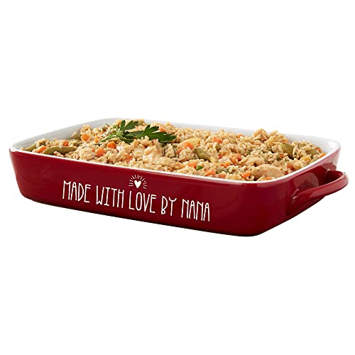 Personalization Universe Made With Love Personalized Ceramic Bakeware - 4 Quart Stoneware Baking Dish, Oven Safe, Dishwasher & Microwave Safe - Perfect for Cooking, Baking Pies & Casseroles -Red