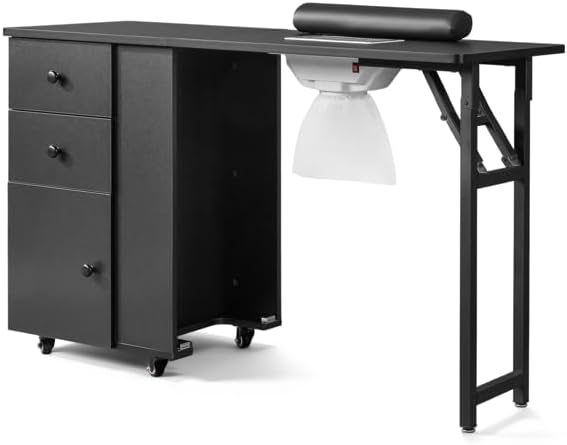 Portable Manicure Nail Table, Manicure Table Professional Nail Desk with Wrist Cushion, spa Salon、Nail Painting、Tattoo Nail Table Mobile Nail Desks w/Universal Wheels for Home Spa Beauty Salon (Black)